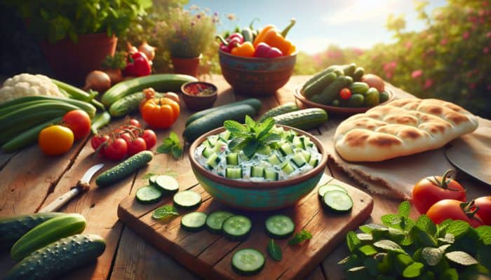 A bowl of mint and cucumber dip with assorted vegetables and pitta bread on a picnic table under a sunny sky.