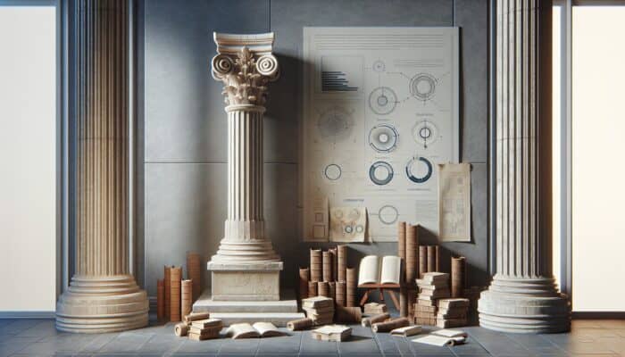A majestic ancient stone pillar at a serene corner, surrounded by scrolls and books, symbolizing expert-crafted cornerstone content.