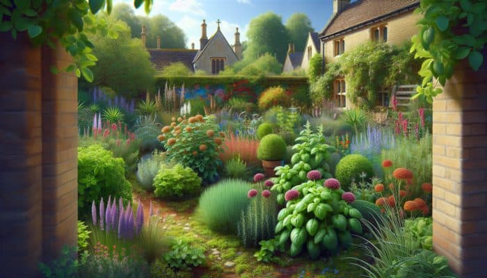 Vibrant UK garden featuring basil, rosemary, thyme, chives, mint, parsley, sage, and oregano.