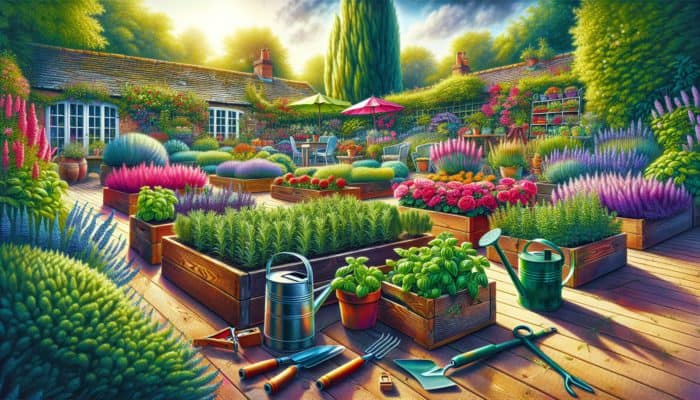 Vibrant UK garden showcasing rosemary, basil, and mint beds, surrounded by gardening tools under sunlight.