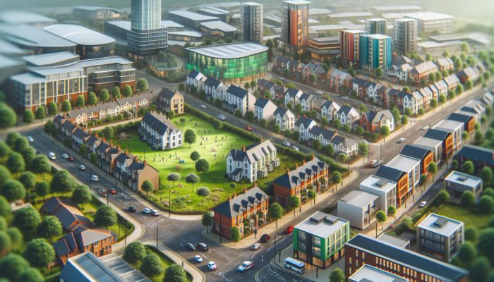 A bustling Newcastle street showcasing diverse homes near parks, schools, and shopping centers, illustrating the location's impact on home values.
