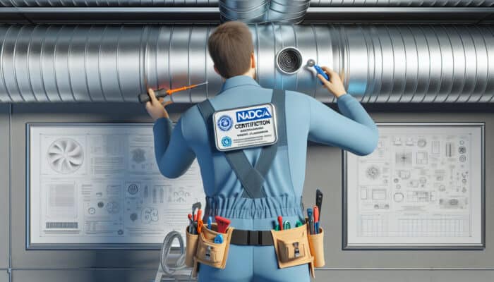 Certified duct cleaning technician in a blue uniform using specialized tools, proudly displaying a NADCA certification badge.