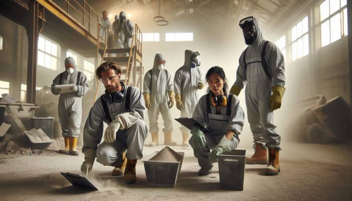 Workers wearing breathable coveralls, gloves, and goggles, protected from dust during clearance job.