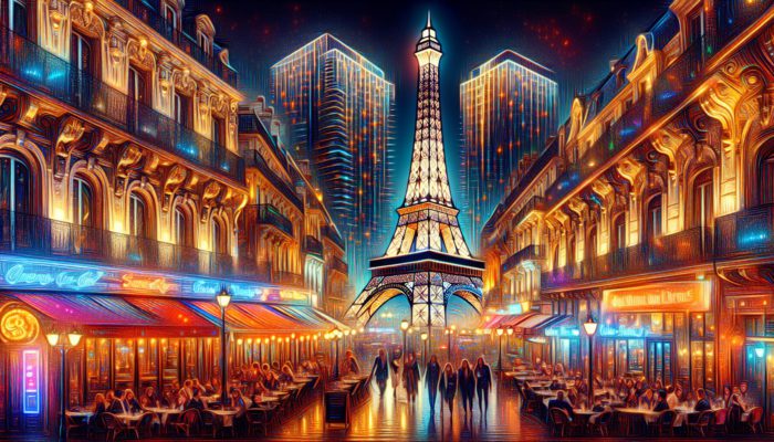 Illuminated Eiffel Tower replica at Paris Las Vegas, showcasing French-style architecture and bustling streets.