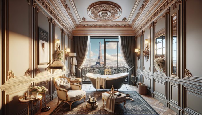 Luxurious Parisian-themed hotel room featuring an Eiffel Tower view, wrought-iron balcony, and plush furnishings.