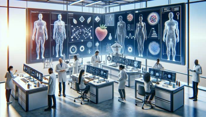 A modern laboratory equipped with advanced tools for precise food intolerance testing, showcasing diverse individuals receiving personalized dietary guidance.