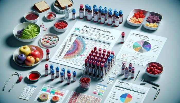 Food Intolerance Test in Heywood: A medical setup featuring blood vials, dietary charts, and a symptom diary for comprehensive food intolerance testing.