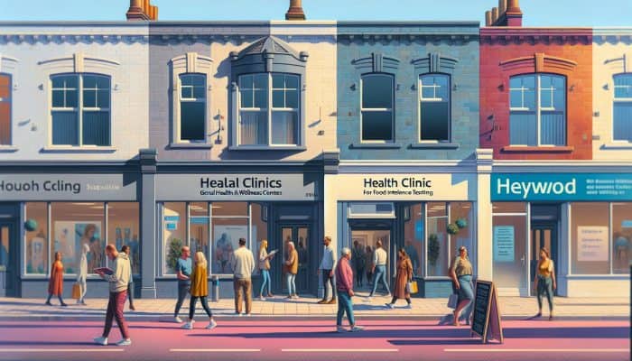 A bustling street in Heywood with signage for clinics offering food intolerance testing, with people coming and going.