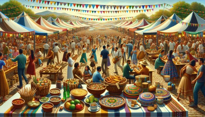 Travelers at a vibrant community festival engaging with local crafts, foods, and dance.