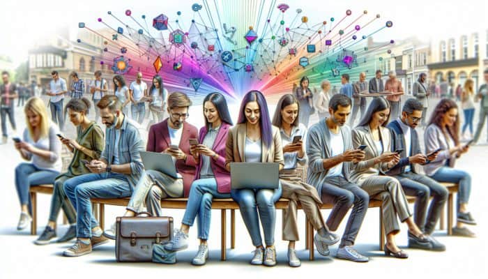 Local business owners in Keynsham utilizing social media via smartphones and laptops to engage with their community.