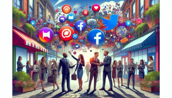 A vibrant scene on Keynsham high street with small business owners receiving expert social media strategy guidance, surrounded by colorful icons.