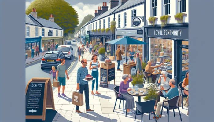 A vibrant street scene in Keynsham showcasing a café's 'Coffee and Cake for a Cause' event alongside a 'Shop Local' promotion, bustling with community members.