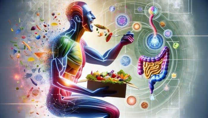 An individual enjoying a vibrant meal, complemented by an illustration of the digestive system and health symbols.