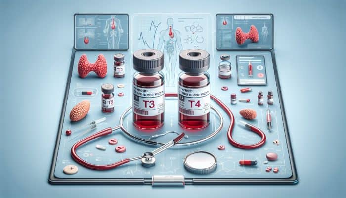 Thyroid Blood Test in Stalybridge: Illustration showing thyroid blood tests with T3, T4 vials, thyroid gland, and diagnostic tools.