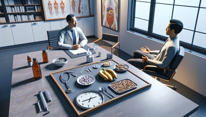 Individual in a doctor's office discussing preparations for a thyroid test, seated at a table with a food list.