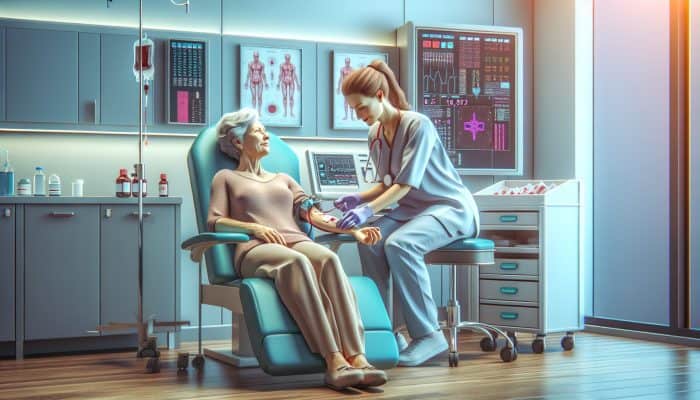 A patient in a calm clinic environment having blood drawn from their arm by a nurse, experiencing minimal discomfort.