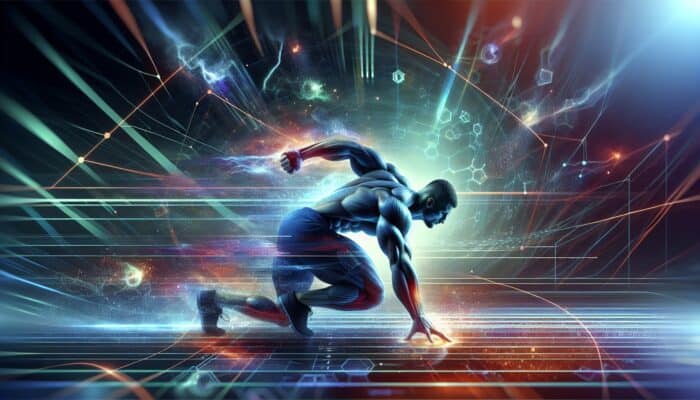 Athlete enduring high-intensity workout, enhanced by beta-alanine, with a dynamic background.