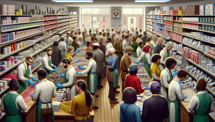 A vibrant Swansea specialty shop filled with shelves stocked with latex gauntlet gloves and staff assisting customers in selecting safety gear.