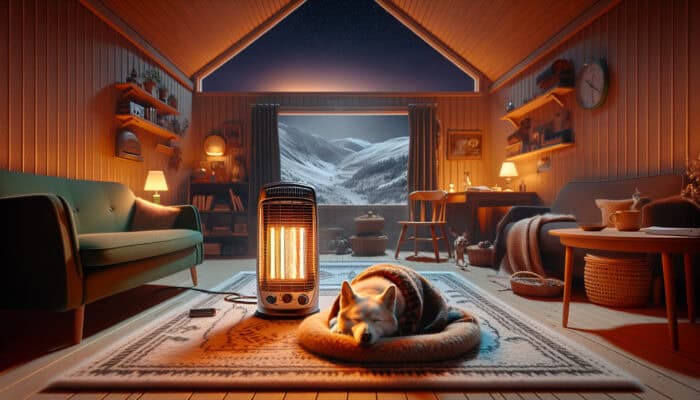 A dog on a heated blanket in a safe area, with a secure space heater in a cozy room during a power outage.