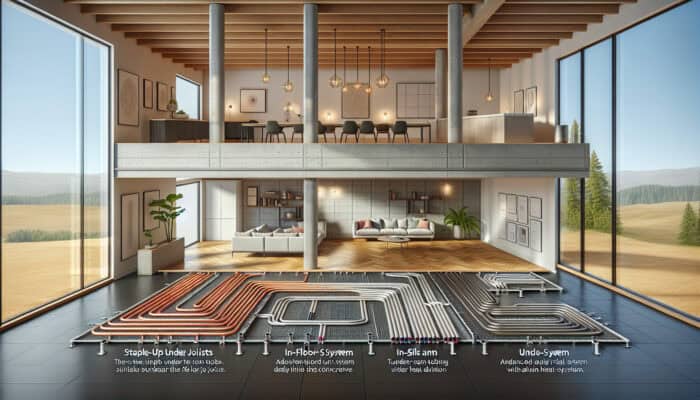 Four types of hydronic radiant floor heating systems showcased in a contemporary room setting.