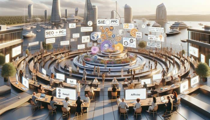 Internet Marketing in Plymouth for Small Businesses: A digital marketing hub in Plymouth showcasing various marketing icons and local businesses engaging with customers online.