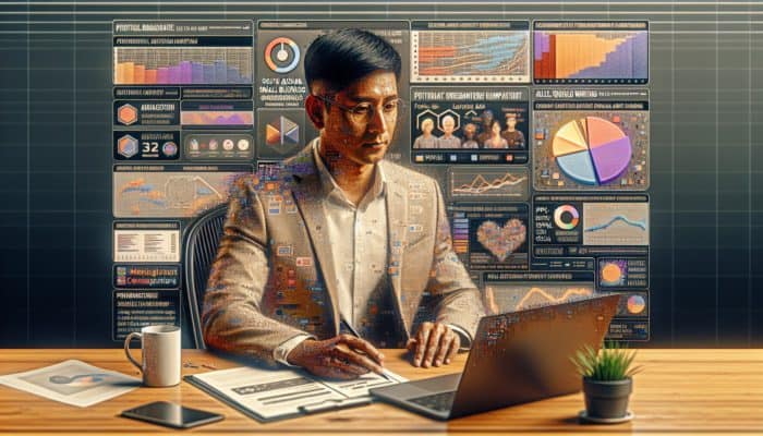 Small business owner in Plymouth using a laptop to manage various online ads, tracking growth metrics.