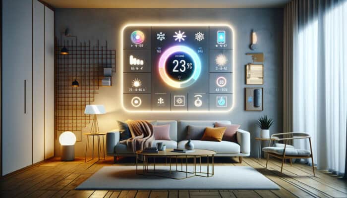 Smart thermostat on the wall in a modern living room, controlled by smartphone, with sensors monitoring the heating system.