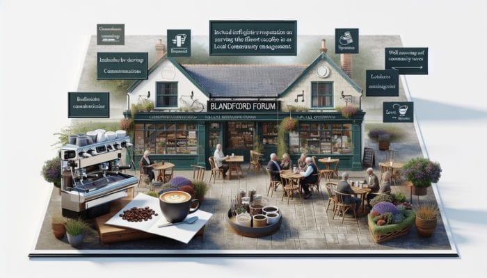 A bustling café in Blandford Forum displaying signs for the best coffee and local event posters.