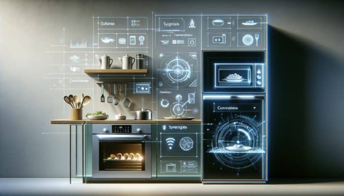 How to Cook with Smart Ovens: A modern kitchen with a smart oven connected to a smartphone, cooking various dishes with precision.