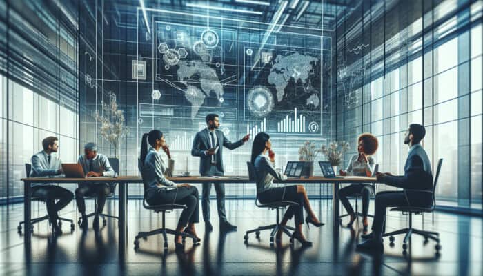 Teams collaborating around agile boards, using digital tools, in a dynamic office environment.