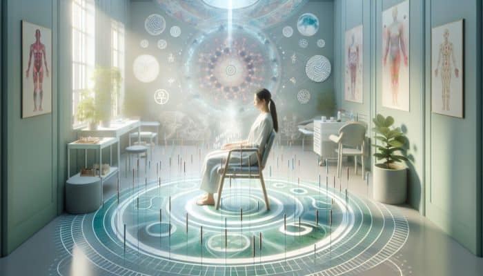 A woman receiving acupuncture in a tranquil UK fertility clinic, surrounded by calming colors and traditional Chinese symbols, representing holistic care.