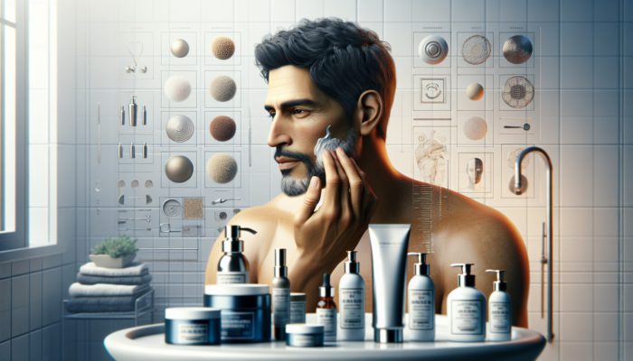 Man applying aftershave balm in bathroom, surrounded by lotions and toners for skin recovery.