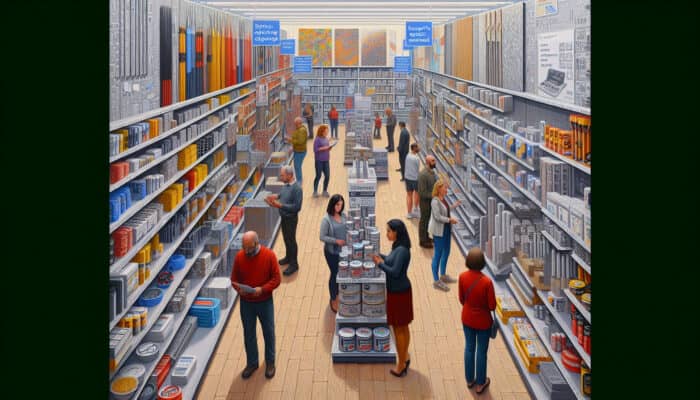 UK hardware store aisle with protective flooring tools, shoppers, and staff offering advice.