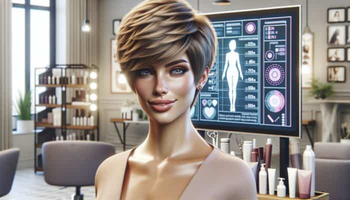 A woman confidently showcasing her chic pixie cut in a modern salon with hair care products.