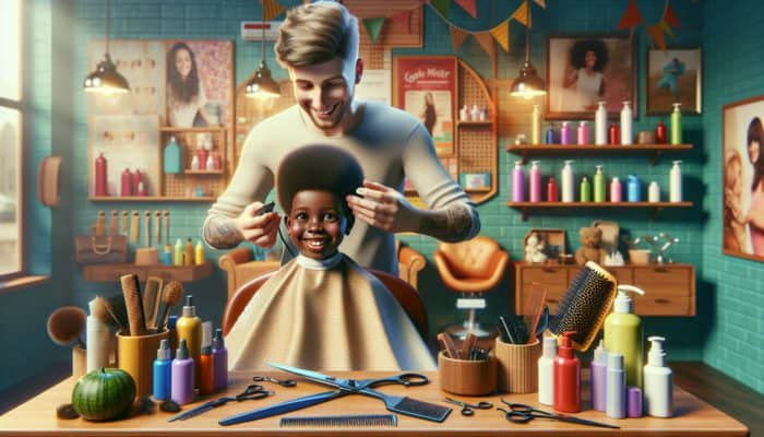 A talented hairstylist giving a pixie cut to a cheerful child in a vibrant salon.