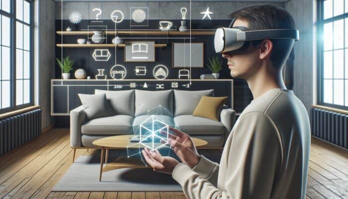 Person using AR glasses to visualize furniture in their living room, improving shopping experiences.