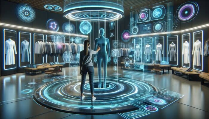 A modern AR workspace featuring holographic screens and clothing items for virtual try-ons.