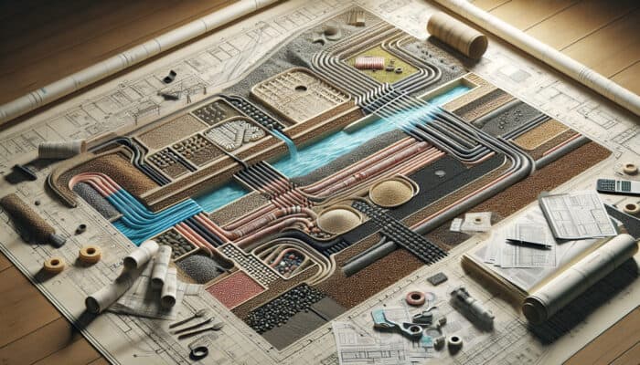 Blueprint of a perimeter drainage system illustrating labeled components such as pipes, gravel, and filtering layers.
