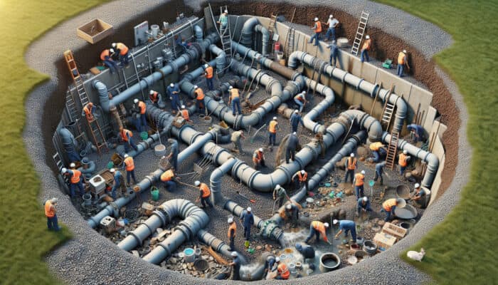 Workers performing maintenance on a perimeter drainage system, clearing debris, checking pipes and gravel, and inspecting sump pump and downspout functionality.