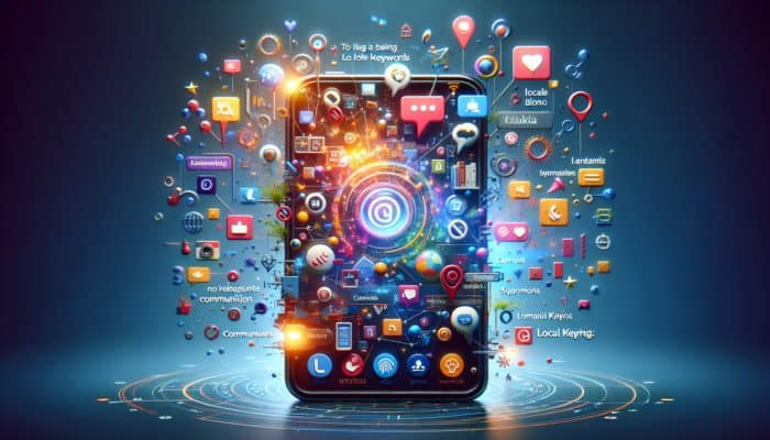 A smartphone displaying an engaging local blog featuring photos, videos, social media buttons, and an active comments section, all optimised for SEO.