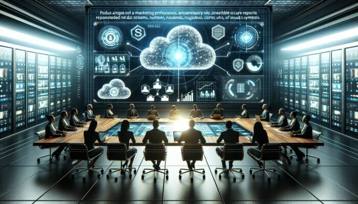A futuristic control room featuring a holographic display of data streams, surrounded by secure cloud symbols, with a marketing team analyzing real-time reports.