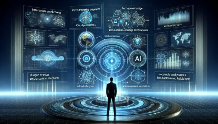 A futuristic marketing office showcasing AI, machine learning, and advanced cloud security measures.