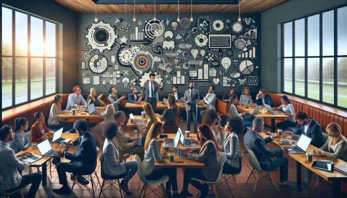 A digital marketing strategy meeting in a Budleigh Salterton café with small business owners and a consultant.