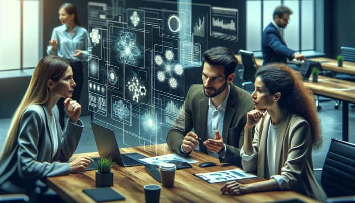 A small business team analyzing digital marketing data on screens, discussing strategies with an expert consultant.