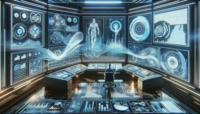 A modern control room with a virtual assistant analyzing data visualizations and strategic planning charts.