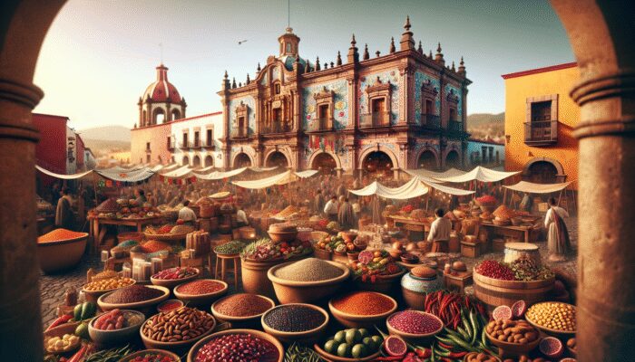 A colorful San Miguel de Allende market scene with traditional dishes like mole and chiles en nogada, showcasing indigenous and Spanish influences.