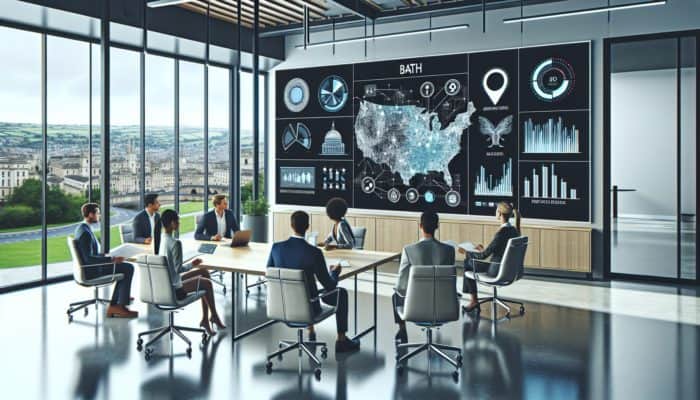 A modern office in Bath featuring a digital city map, SEO analytics, and a team strategizing local business optimizations.