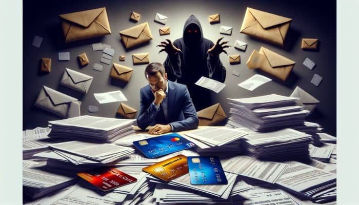 Person overwhelmed by financial documents and credit cards, with shadowy figure symbolizing hidden fees and debt consolidation pitfalls.