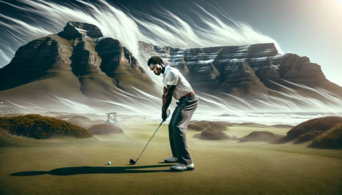 A golfer on a windy Cape Town course with a wider stance, Drakensberg mountains in background.