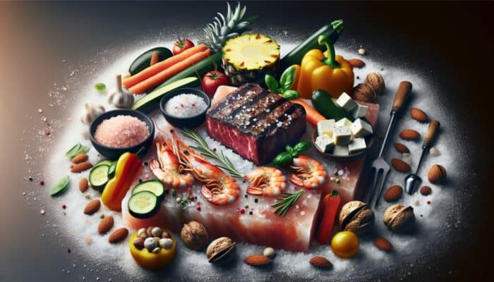 Himalayan salt block cooking various foods like steak, shrimp, vegetables, and pineapple.